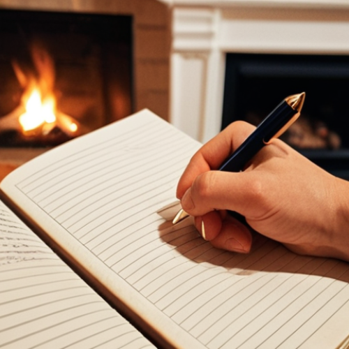 **

A close-up of a person's hand holding a pen, writing in a journal. In the background, a blurred image of a cozy room with a fireplace. The overall tone is warm and inviting, emphasizing the personal touch and emotional depth of human writing. The journal entry should appear handwritten, filled with heartfelt thoughts and reflections.

**