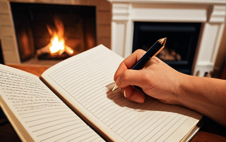 **

A close-up of a person's hand holding a pen, writing in a journal. In the background, a blurred image of a cozy room with a fireplace. The overall tone is warm and inviting, emphasizing the personal touch and emotional depth of human writing. The journal entry should appear handwritten, filled with heartfelt thoughts and reflections.

**