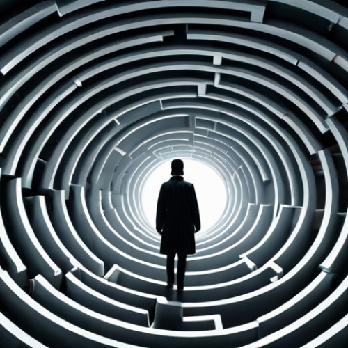 A cinematic scene evoking high tension and intellectual mystery: a shadowy figure navigating a complex, maze-like environment where fragmented clues and visual distortions hint at hidden truths. The atmosphere is charged with psychological suspense and the anticipation of a shocking twist, featuring stark contrasts and intricate details.