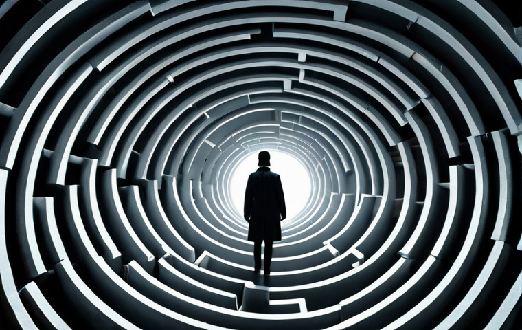 A cinematic scene evoking high tension and intellectual mystery: a shadowy figure navigating a complex, maze-like environment where fragmented clues and visual distortions hint at hidden truths. The atmosphere is charged with psychological suspense and the anticipation of a shocking twist, featuring stark contrasts and intricate details.