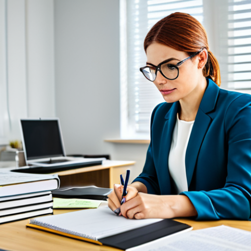 Home 13 "A woman in a brightly lit modern office, working on a blog post, fully clothed in modest professional attire, surrounded by books and notes, safe for work, appropriate content, perfect anatomy, natural proportions, professional setting, focused expression, family-friendly."