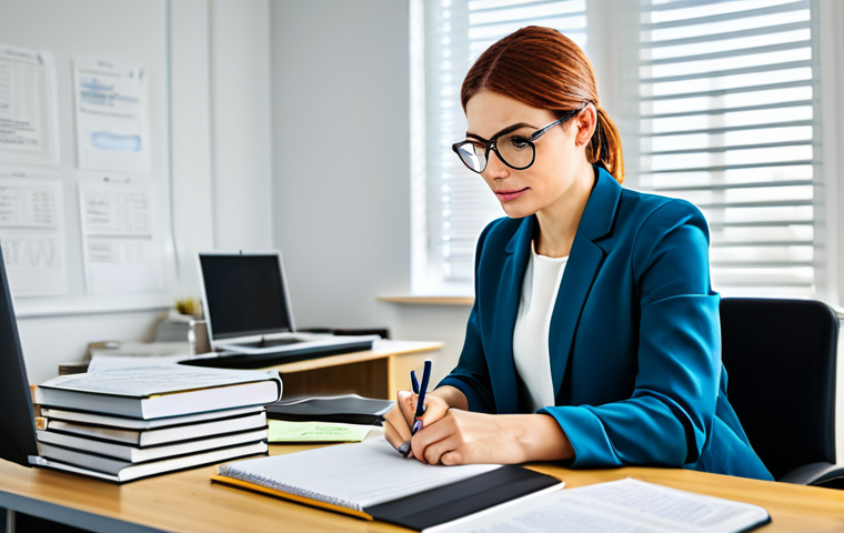 "A woman in a brightly lit modern office, working on a blog post, fully clothed in modest professional attire, surrounded by books and notes, safe for work, appropriate content, perfect anatomy, natural proportions, professional setting, focused expression, family-friendly."